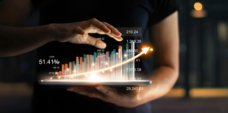 Upward trending business growth graph representing increased sales and online visibility