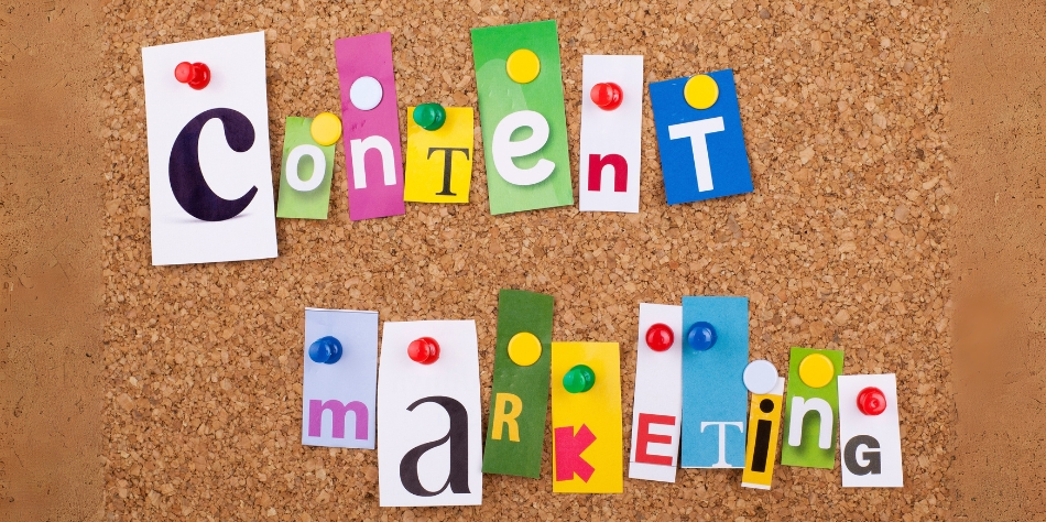 Alphabets of 'Content Marketing' written on cards pinned to a board, representing the core elements of content marketing strategy.
