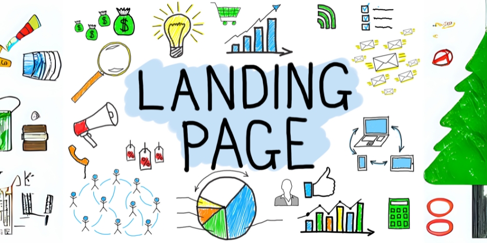 Landing page concept illustration with computer, speaker, tree, light bulb, and growth graph elements
